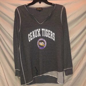 Gameday Couture LSU long sleeved asymmetrical hemline rugby shirt- size S